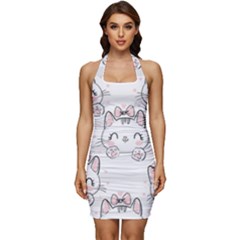 Cat-with-bow-pattern Sleeveless Wide Square Neckline Ruched Bodycon Dress by Salman4z