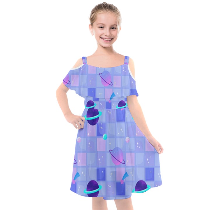 Seamless-pattern-pastel-galaxy-future Kids  Cut Out Shoulders Chiffon Dress