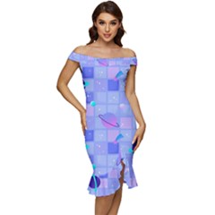 Seamless-pattern-pastel-galaxy-future Off Shoulder Ruffle Split Hem Bodycon Dress by Salman4z