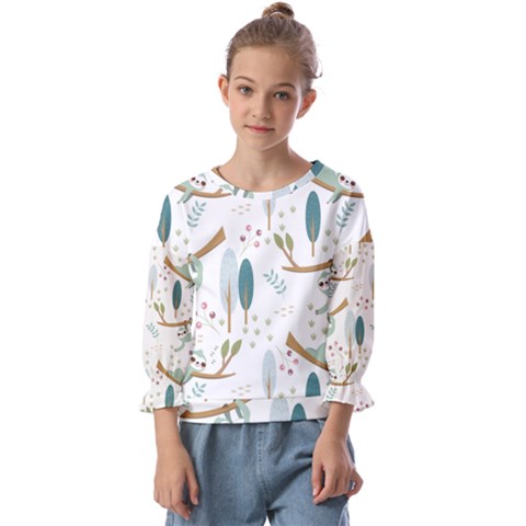 Pattern-sloth-woodland Kids  Cuff Sleeve Top by Salman4z