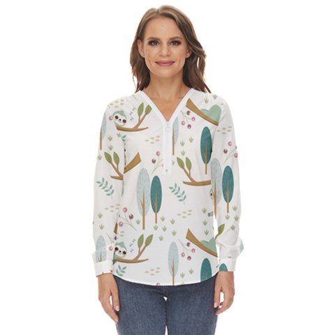 Pattern-sloth-woodland Zip Up Long Sleeve Blouse by Salman4z