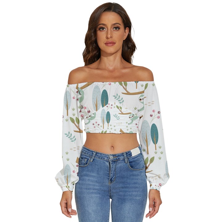 Pattern-sloth-woodland Long Sleeve Crinkled Weave Crop Top