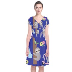 Hand-drawn-cute-sloth-pattern-background Short Sleeve Front Wrap Dress by Salman4z