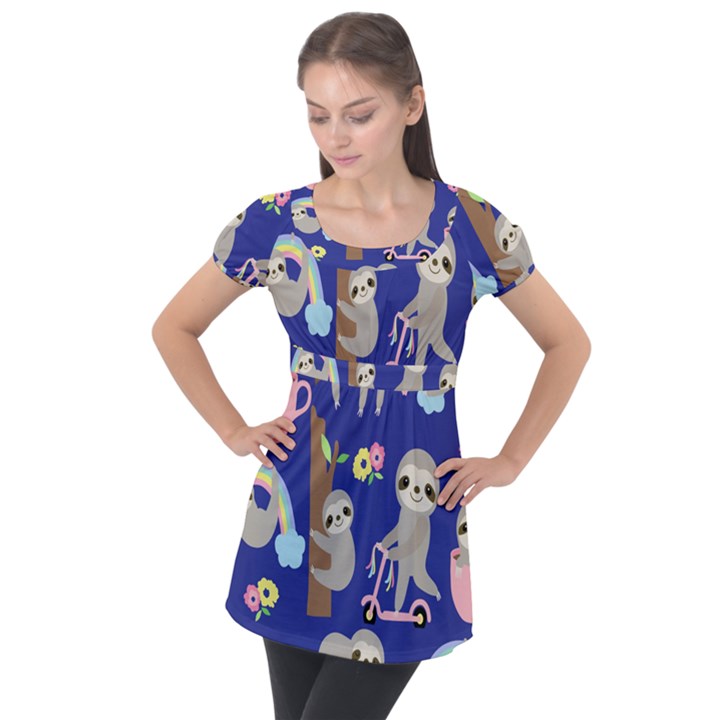 Hand-drawn-cute-sloth-pattern-background Puff Sleeve Tunic Top