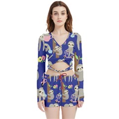 Hand-drawn-cute-sloth-pattern-background Velvet Wrap Crop Top And Shorts Set by Salman4z