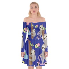 Hand-drawn-cute-sloth-pattern-background Off Shoulder Skater Dress by Salman4z