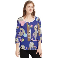 Hand-drawn-cute-sloth-pattern-background Chiffon Quarter Sleeve Blouse by Salman4z