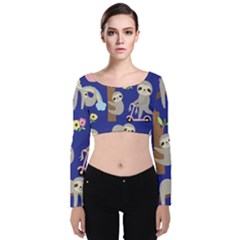 Hand-drawn-cute-sloth-pattern-background Velvet Long Sleeve Crop Top by Salman4z