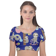 Hand-drawn-cute-sloth-pattern-background Velvet Short Sleeve Crop Top  by Salman4z