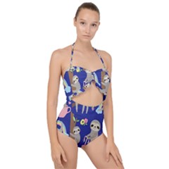 Hand-drawn-cute-sloth-pattern-background Scallop Top Cut Out Swimsuit by Salman4z