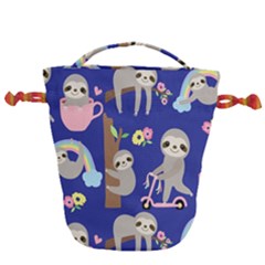 Hand-drawn-cute-sloth-pattern-background Drawstring Bucket Bag by Salman4z