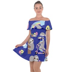 Hand-drawn-cute-sloth-pattern-background Off Shoulder Velour Dress by Salman4z