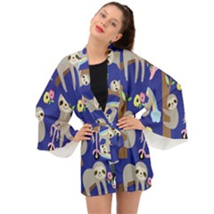 Hand-drawn-cute-sloth-pattern-background Long Sleeve Kimono by Salman4z