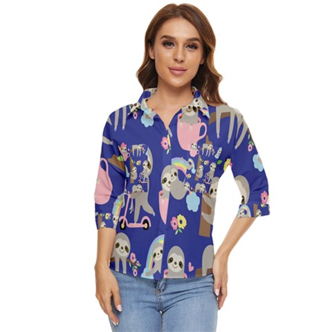 Hand-drawn-cute-sloth-pattern-background Women s Quarter Sleeve Pocket Shirt by Salman4z