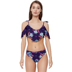 Owl-pattern-background Ruffle Edge Tie Up Bikini Set	 by Salman4z