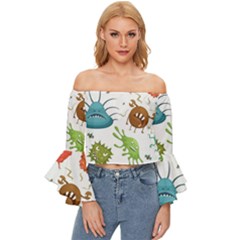 Dangerous-streptococcus-lactobacillus-staphylococcus-others-microbes-cartoon-style-vector-seamless Off Shoulder Flutter Bell Sleeve Top by Salman4z