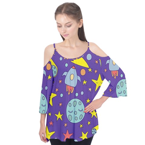 Card-with-lovely-planets Flutter Sleeve Tee  by Salman4z