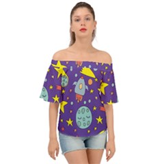 Card-with-lovely-planets Off Shoulder Short Sleeve Top by Salman4z