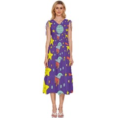 Card-with-lovely-planets V-neck Drawstring Shoulder Sleeveless Maxi Dress