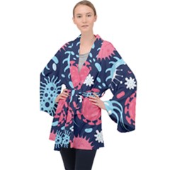 Seamless-pattern-microbes-virus-vector-illustration Long Sleeve Velvet Kimono  by Salman4z