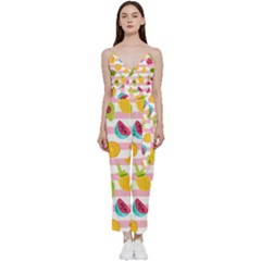 Tropical-fruits-berries-seamless-pattern V-neck Spaghetti Strap Tie Front Jumpsuit by Salman4z