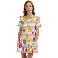 Tropical-fruits-berries-seamless-pattern Kids  Frilly Sleeves Pocket Dress by Salman4z