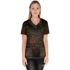 Mathematical-colorful-formulas-drawn-by-hand-black-chalkboard Women s V-neck Scrub Top by Salman4z