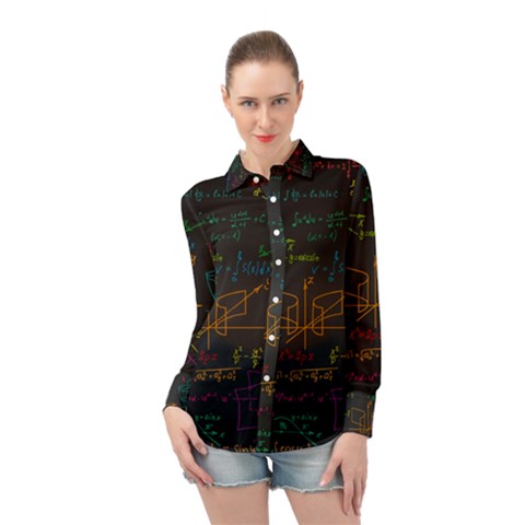 Mathematical-colorful-formulas-drawn-by-hand-black-chalkboard Long Sleeve Chiffon Shirt by Salman4z