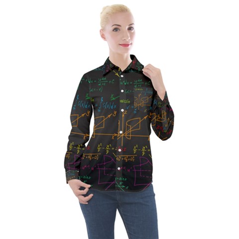 Mathematical-colorful-formulas-drawn-by-hand-black-chalkboard Women s Long Sleeve Pocket Shirt by Salman4z