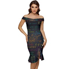 Mathematical-colorful-formulas-drawn-by-hand-black-chalkboard Off Shoulder Ruffle Split Hem Bodycon Dress by Salman4z