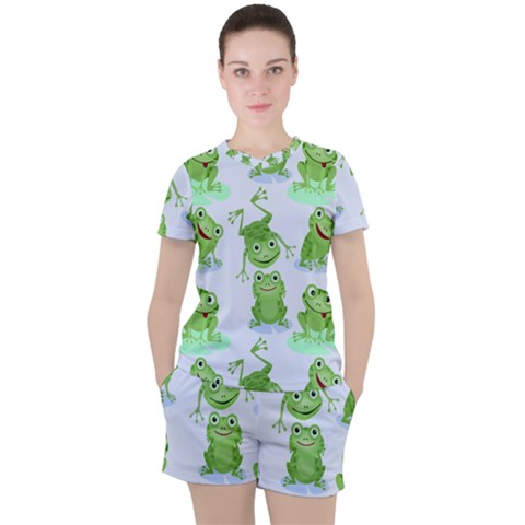 Cute-green-frogs-seamless-pattern Women s Tee And Shorts Set by Salman4z