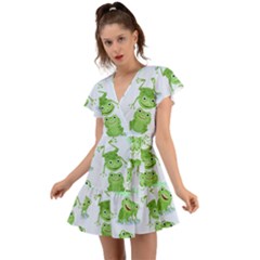 Cute-green-frogs-seamless-pattern Flutter Sleeve Wrap Dress by Salman4z