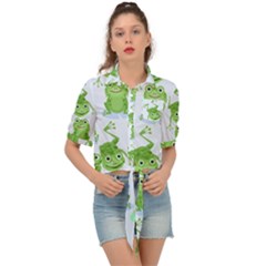 Cute-green-frogs-seamless-pattern Tie Front Shirt  by Salman4z