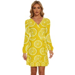 Lemon-fruits-slice-seamless-pattern Long Sleeve Waist Tie Ruffle Velvet Dress by Salman4z