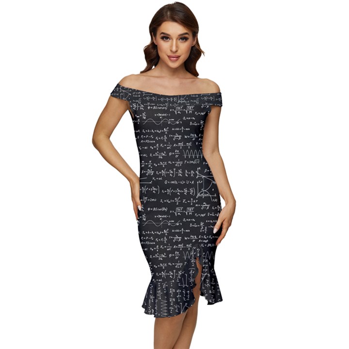 Math-equations-formulas-pattern Off Shoulder Ruffle Split Hem Bodycon Dress