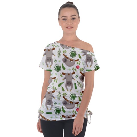 Seamless-pattern-with-cute-sloths Off Shoulder Tie-up Tee by Salman4z