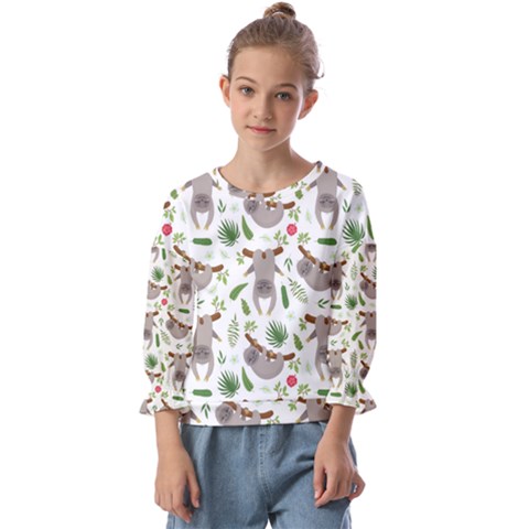 Seamless-pattern-with-cute-sloths Kids  Cuff Sleeve Top by Salman4z