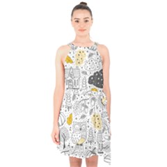 Doodle-seamless-pattern-with-autumn-elements Halter Collar Waist Tie Chiffon Dress by Salman4z