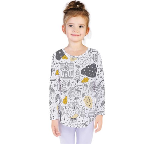 Doodle-seamless-pattern-with-autumn-elements Kids  Long Sleeve Tee by Salman4z