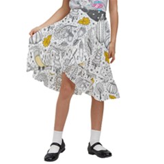 Doodle-seamless-pattern-with-autumn-elements Kids  Ruffle Flared Wrap Midi Skirt