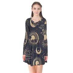 Asian-seamless-pattern-with-clouds-moon-sun-stars-vector-collection-oriental-chinese-japanese-korean Long Sleeve V-neck Flare Dress by Salman4z