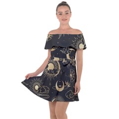 Asian-seamless-pattern-with-clouds-moon-sun-stars-vector-collection-oriental-chinese-japanese-korean Off Shoulder Velour Dress by Salman4z