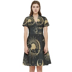 Asian-seamless-pattern-with-clouds-moon-sun-stars-vector-collection-oriental-chinese-japanese-korean Short Sleeve Waist Detail Dress by Salman4z