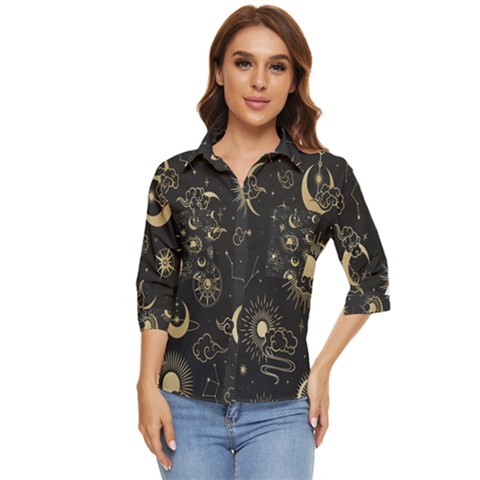 Asian-seamless-pattern-with-clouds-moon-sun-stars-vector-collection-oriental-chinese-japanese-korean Women s Quarter Sleeve Pocket Shirt by Salman4z