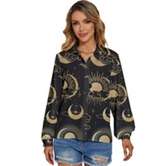 Asian-seamless-pattern-with-clouds-moon-sun-stars-vector-collection-oriental-chinese-japanese-korean Women s Long Sleeve Button Up Shirt