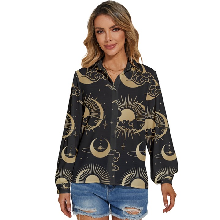 Asian-seamless-pattern-with-clouds-moon-sun-stars-vector-collection-oriental-chinese-japanese-korean Women s Long Sleeve Button Up Shirt