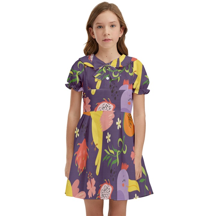 Exotic-seamless-pattern-with-parrots-fruits Kids  Bow Tie Puff Sleeve Dress