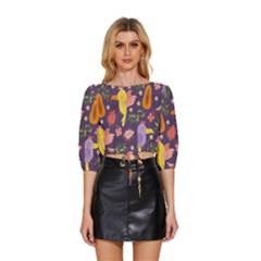 Exotic-seamless-pattern-with-parrots-fruits Mid Sleeve Drawstring Hem Top