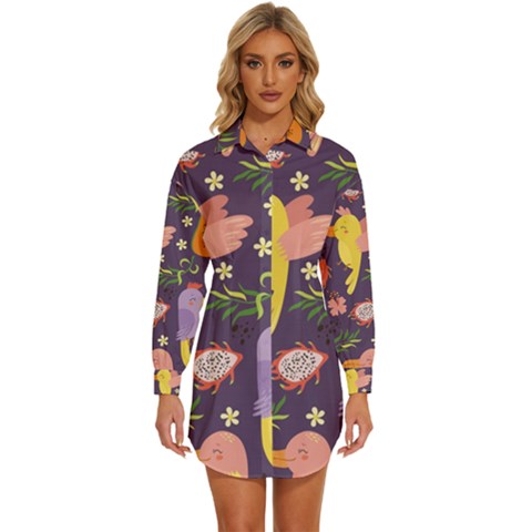 Exotic-seamless-pattern-with-parrots-fruits Womens Long Sleeve Shirt Dress by Salman4z