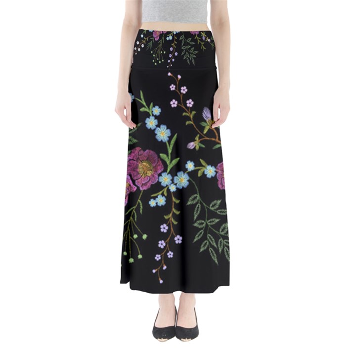 Embroidery-trend-floral-pattern-small-branches-herb-rose Full Length Maxi Skirt